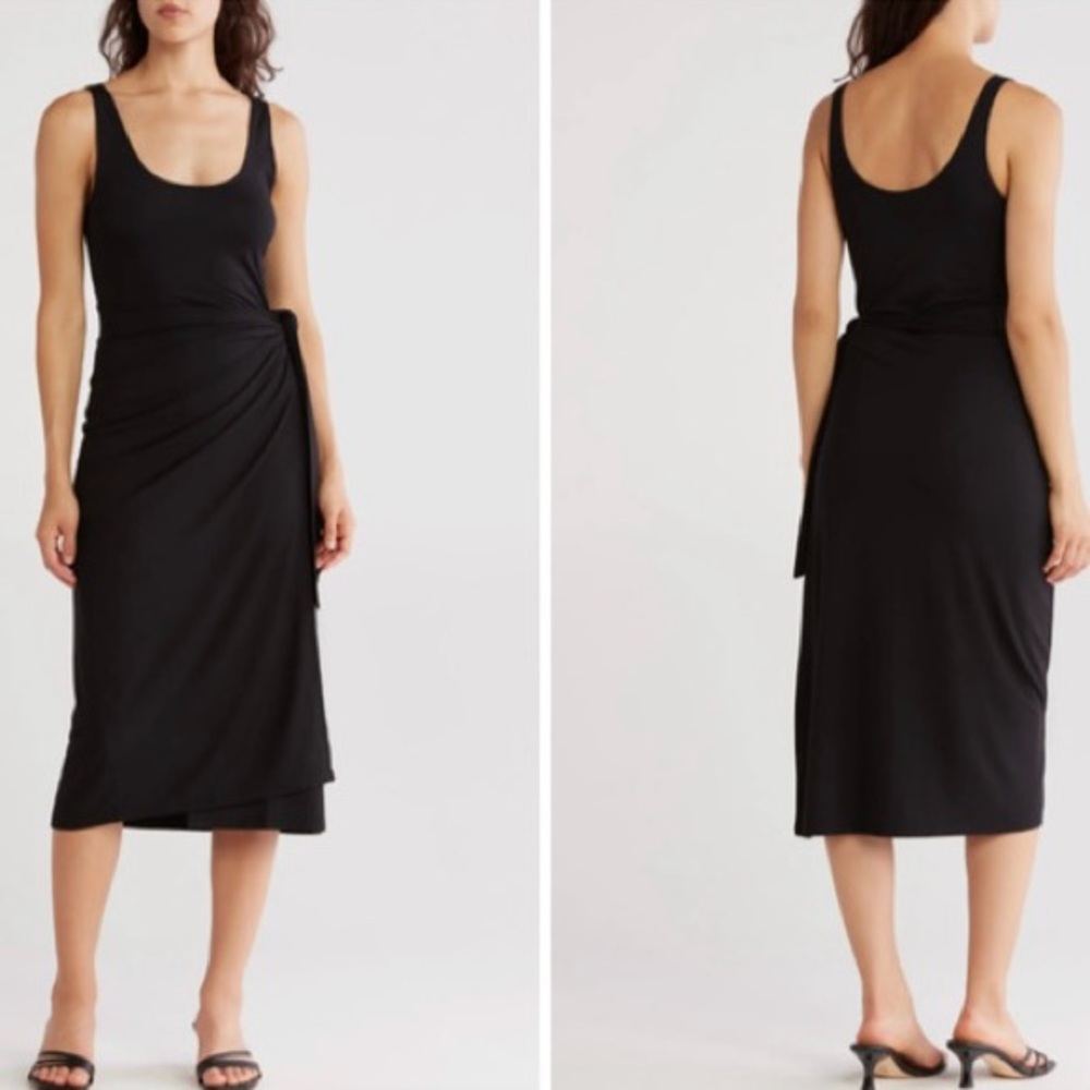 NWOT Vince Jersey Scoop Neck Wrap Midi Dress in Black Size Large